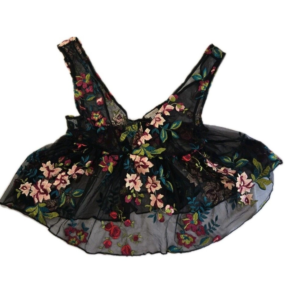 Ecote Black Floral Baby Doll Embroidered Top XS Boho Indie Layering Piece - Picture 5 of 11
